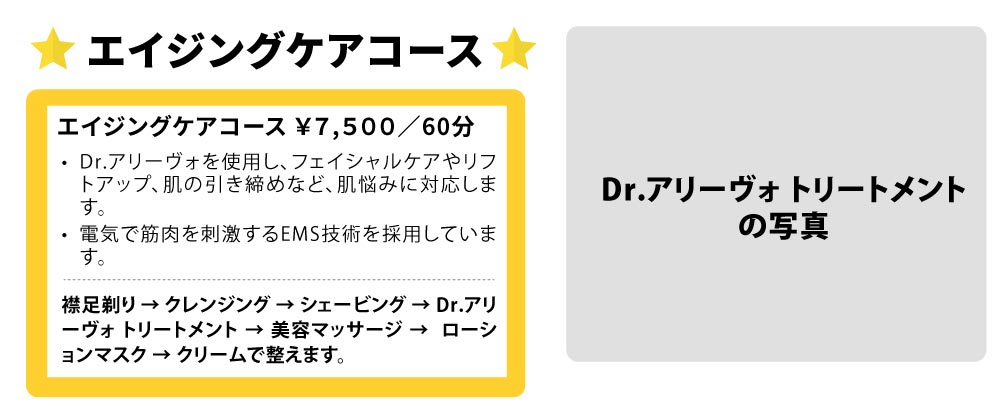 レディースシェービング＆フェイシャルエステ／エイジングケアコース／Dr.アリーヴォを使用し、フェイシャルケアやリフトアップ、肌の引き締めなど、肌悩みに対応します。